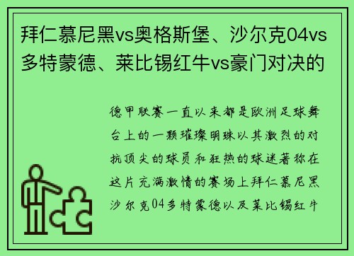 拜仁慕尼黑vs奥格斯堡、沙尔克04vs多特蒙德、莱比锡红牛vs豪门对决的精彩瞬间