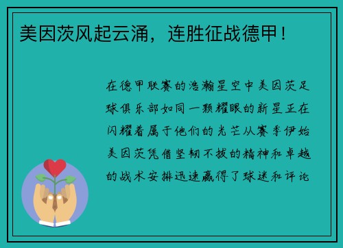 美因茨风起云涌，连胜征战德甲！