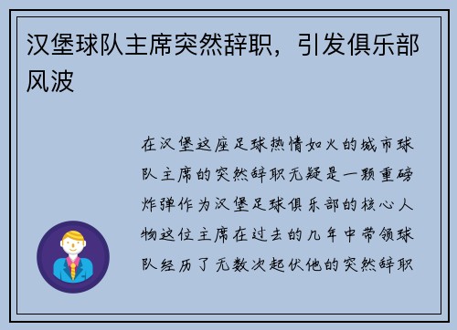 汉堡球队主席突然辞职，引发俱乐部风波